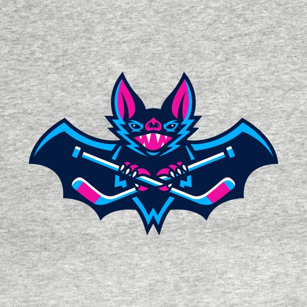 Bold Hockey Bat Sports Mascot T-Shirt: Unique Bat & Crossed Hockey Sticks Design for Fans and Teams! by CC0hort